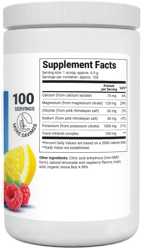 Dr. Berg Hydration Keto Electrolyte Powder - Enhanced w/ 1,000mg of Potassium  Real Pink Himalayan Salt (NOT Table Salt) - Raspberry  Lemon Flavor Hydration Drink Mix Supplement - 100 Servings