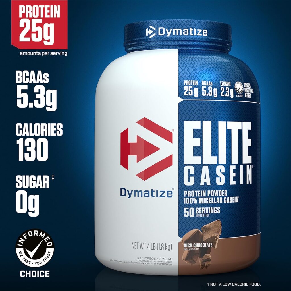 Dymatize Elite Casein Protein Powder, Slow Absorbing with Muscle Building Amino Acids, 100% Micellar Casein, 25g Protein, 5.4g BCAAs  2.3g Leucine, Helps Overnight Recovery, Rich Chocolate, 4 Pound