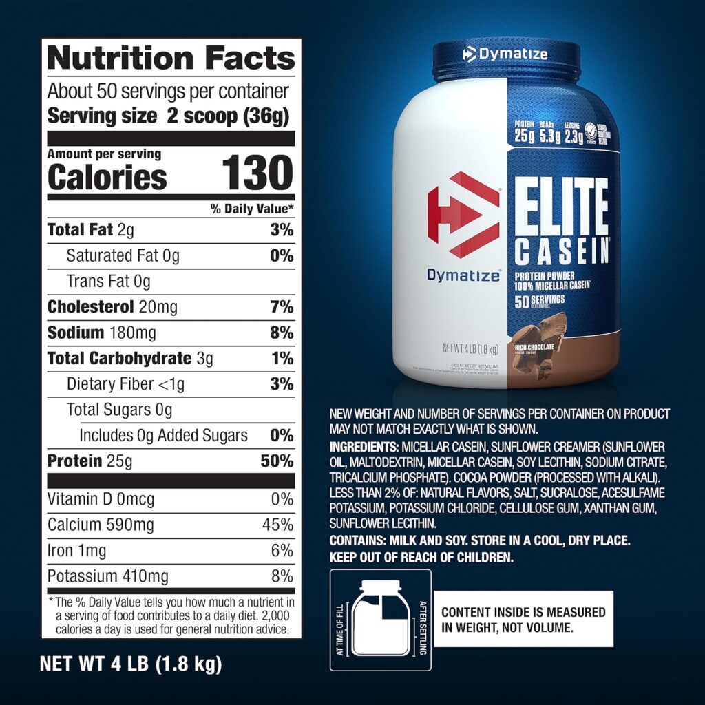 Dymatize Elite Casein Protein Powder, Slow Absorbing with Muscle Building Amino Acids, 100% Micellar Casein, 25g Protein, 5.4g BCAAs  2.3g Leucine, Helps Overnight Recovery, Rich Chocolate, 4 Pound