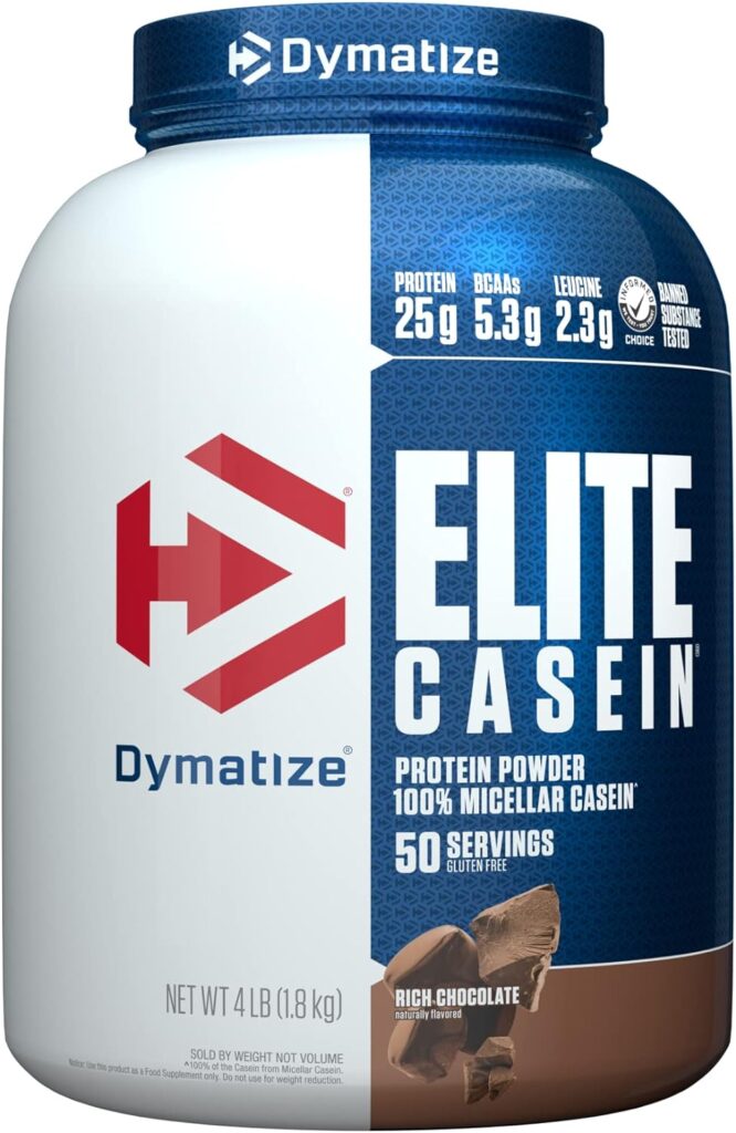 Dymatize Elite Casein Protein Powder, Slow Absorbing with Muscle Building Amino Acids, 100% Micellar Casein, 25g Protein, 5.4g BCAAs  2.3g Leucine, Helps Overnight Recovery, Rich Chocolate, 4 Pound