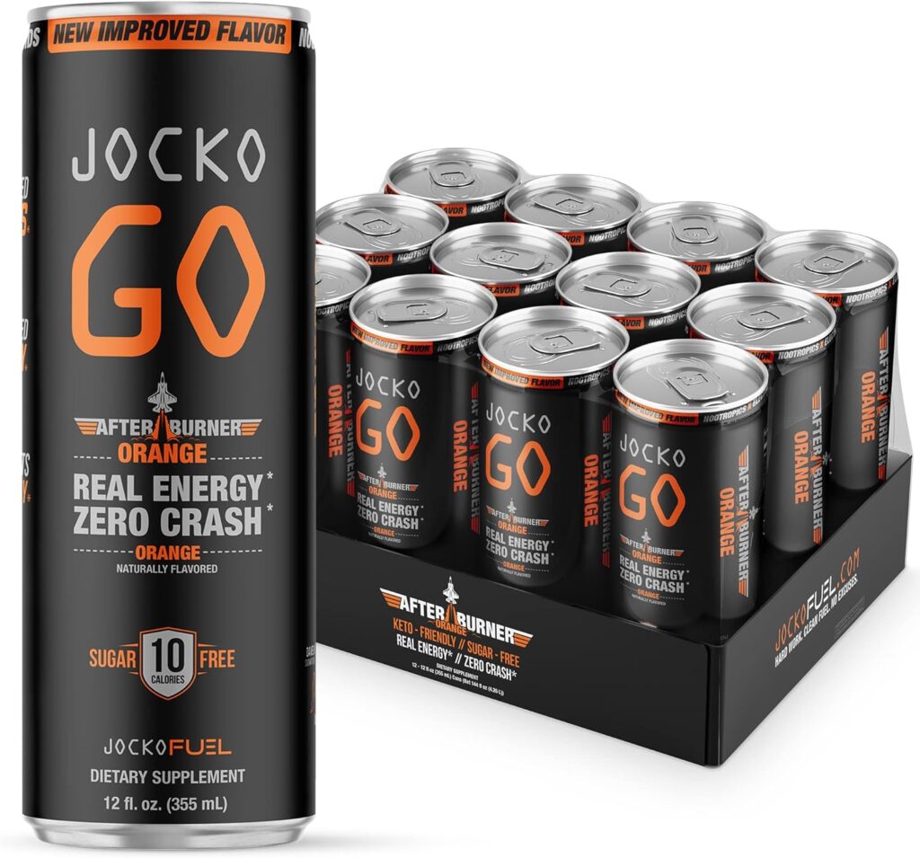 Jocko GO Energy Drink (Afterburner Orange) - KETO, Vitamin B12, Vitamin B6, Electrolytes, L Theanine, Magnesium- All Natural Energy Boost, Sugar Free Nootropic Monk Fruit Blend - 12 Pack