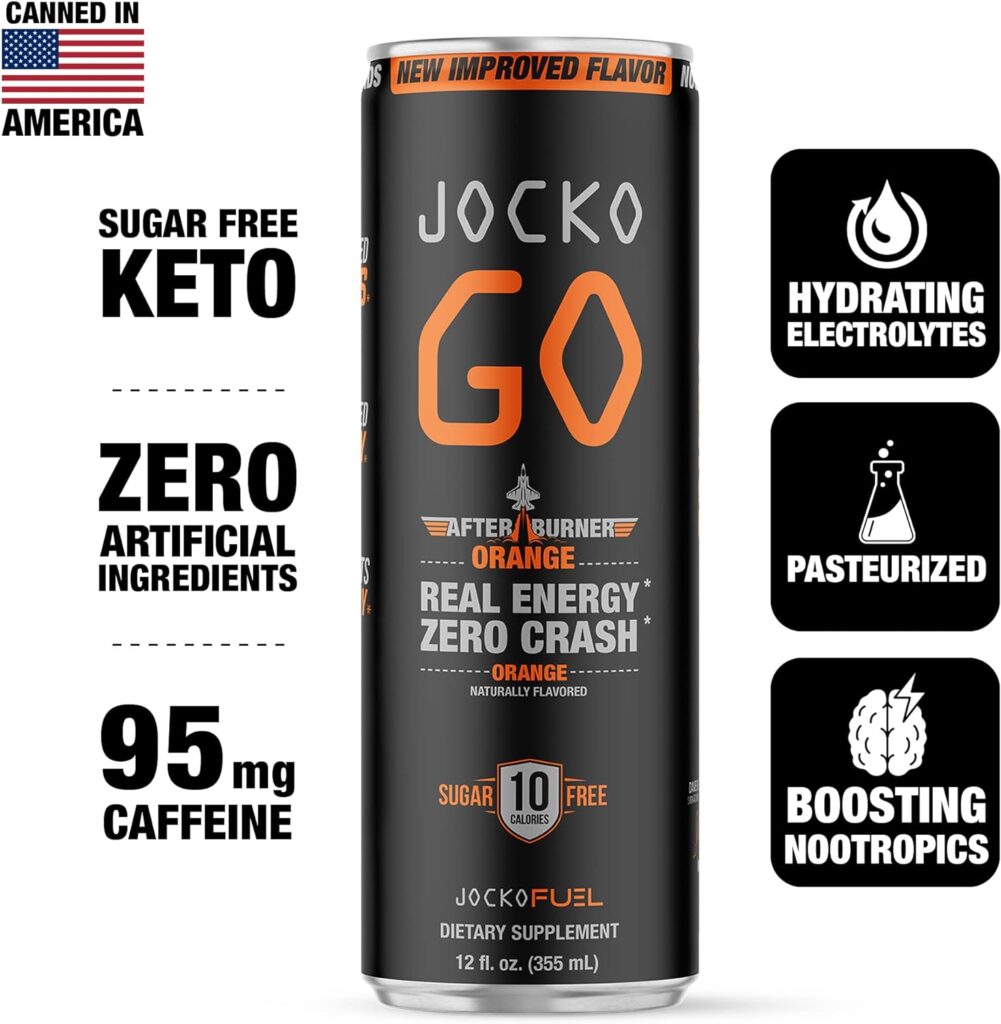 Jocko GO Energy Drink (Afterburner Orange) - KETO, Vitamin B12, Vitamin B6, Electrolytes, L Theanine, Magnesium- All Natural Energy Boost, Sugar Free Nootropic Monk Fruit Blend - 12 Pack