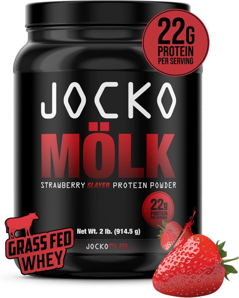 Jocko Mölk Whey Protein Powder (Strawberry) - Keto, Probiotics, Grass Fed, Digestive Enzymes, Amino Acids, Monk Fruit Blend - Supports Muscle Recovery  Growth - 31 Servings (Old Packaging, 2lb Tub)