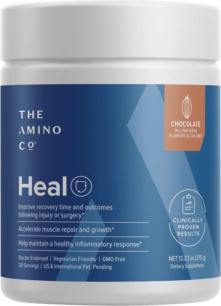 The Amino CO. - Heal - Essential Amino Acids Supplement Powder with Bcaas Plus 5 Eaas, Whey Protein  Creatine for Shortened Muscle Recovery in Men and Women - Chocolate (13.23oz)