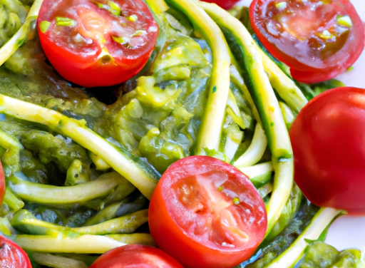 Zucchini Noodles With Pesto And Cherry Tomatoes