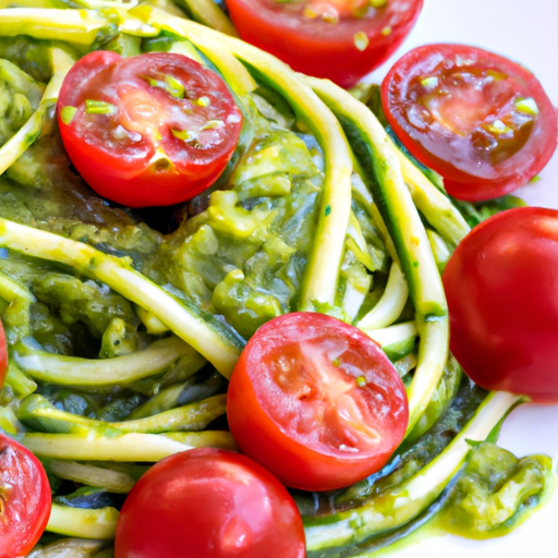 Zucchini Noodles With Pesto And Cherry Tomatoes