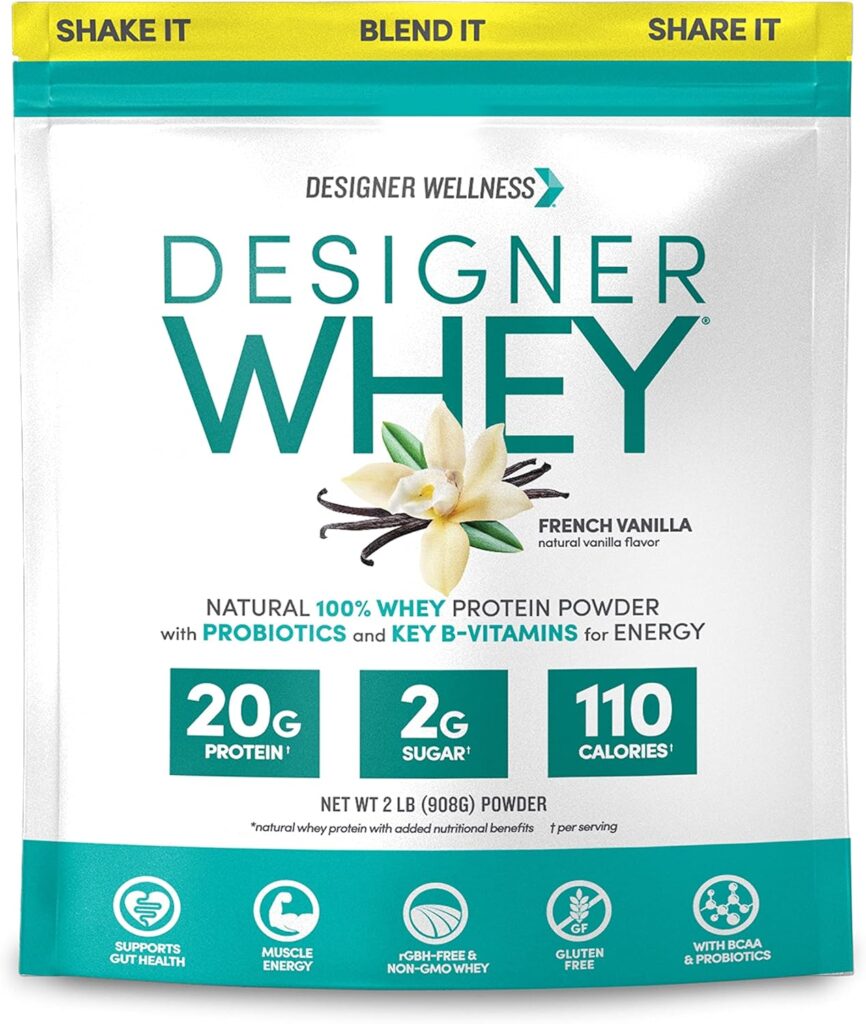 Designer Wellness Designer Whey Natural 100% Whey Protein Powder with Probiotics, Fiber, and Key B-Vitamins for Energy, Gluten-free, Non-GMO, French Vanilla ,4 lb