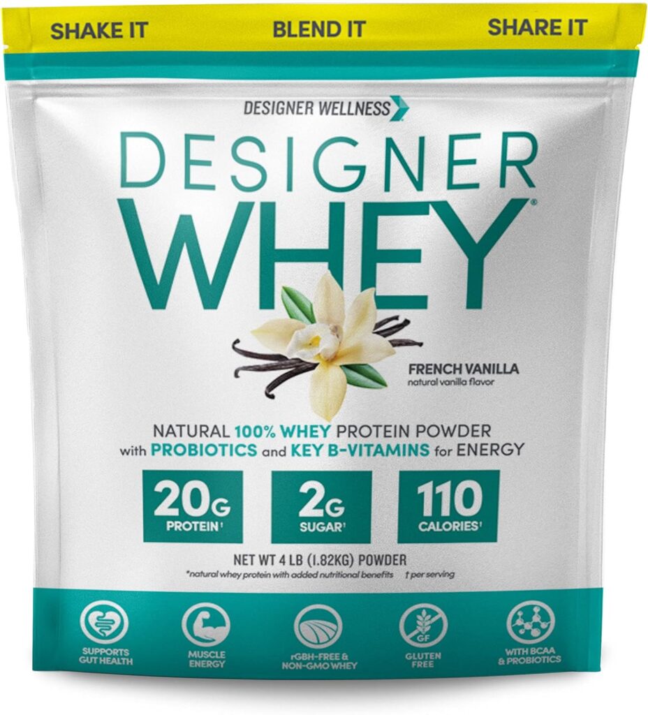 Designer Wellness Designer Whey Natural 100% Whey Protein Powder with Probiotics, Fiber, and Key B-Vitamins for Energy, Gluten-free, Non-GMO, French Vanilla ,4 lb