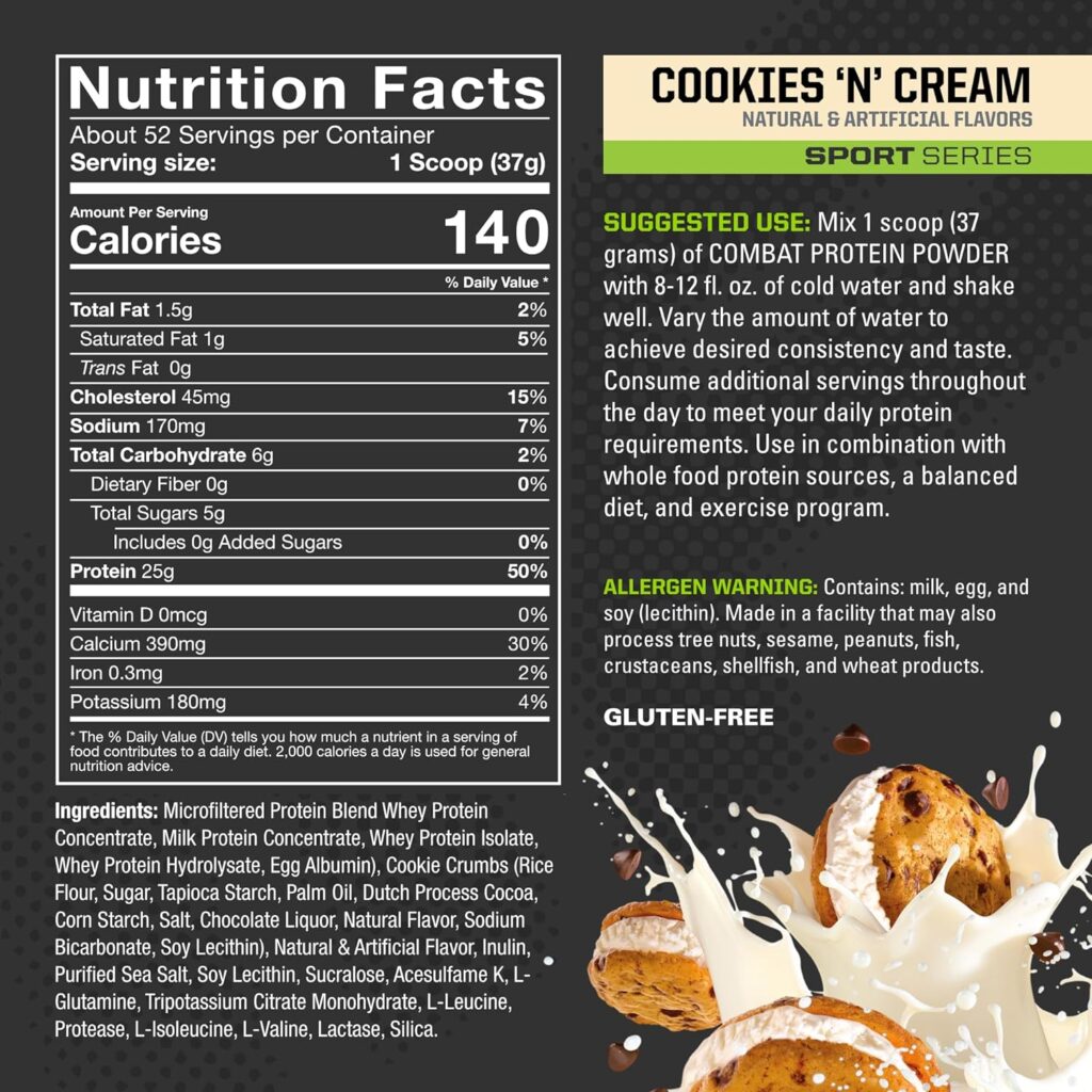 MusclePharm Combat Protein Powder, Cookies ‘N’ Cream - 4 lb - Gluten Free - 52 Servings